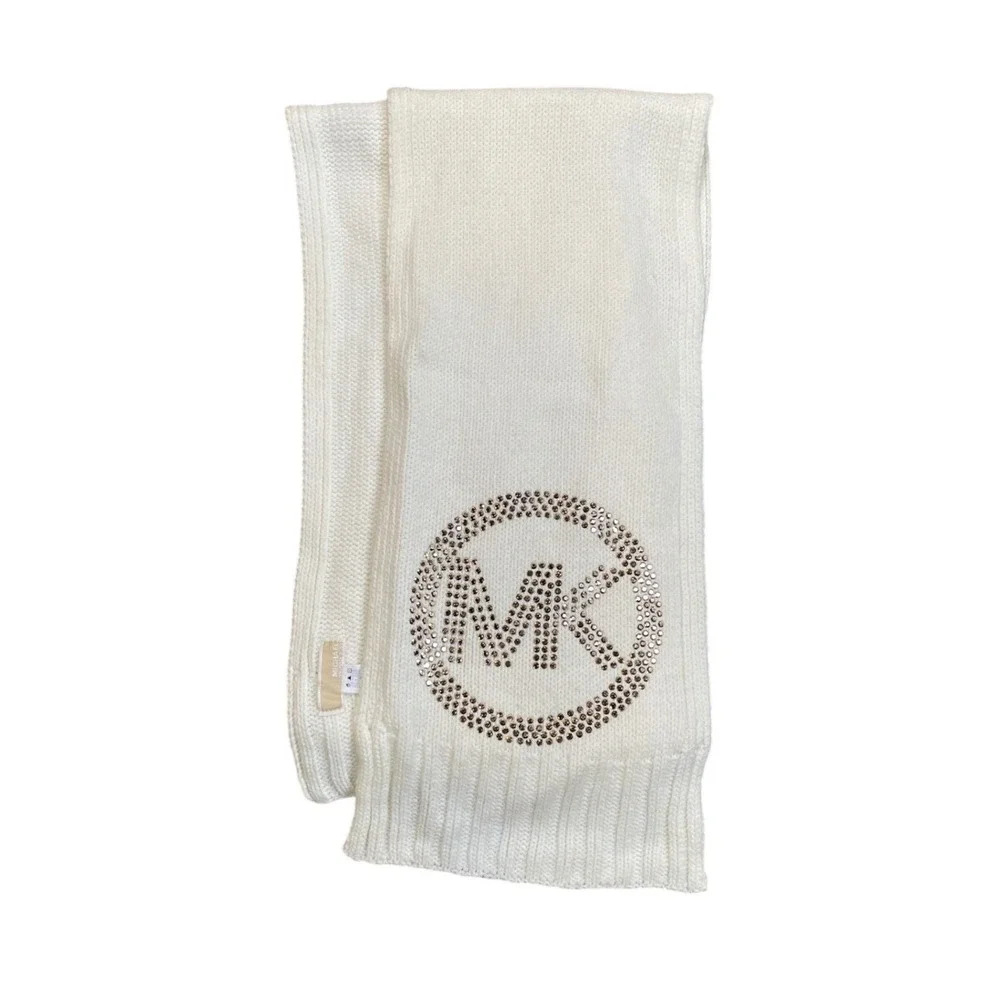 Michael Kors MK Logo‎ Crystal Scarf Cream White Knit Winter Ski Warm Women